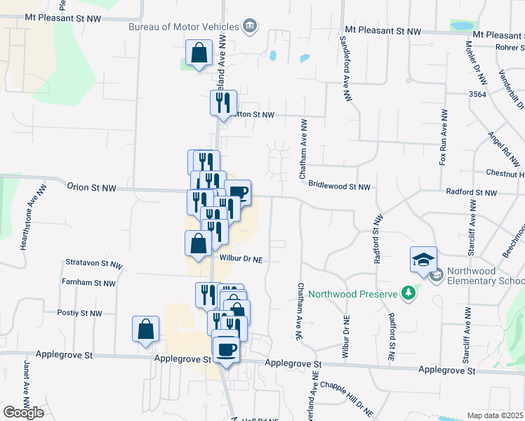 map of restaurants, bars, coffee shops, grocery stores, and more near 1885 Beechwood Avenue Northeast in North Canton