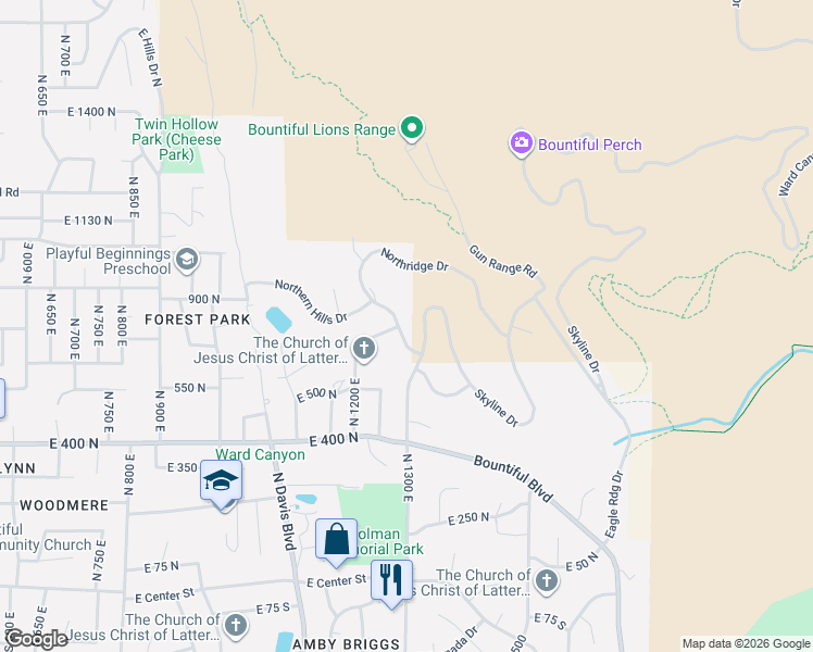 map of restaurants, bars, coffee shops, grocery stores, and more near 698 Northridge Drive in Bountiful