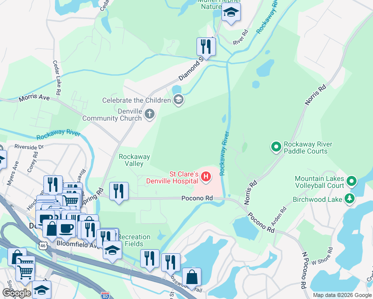 map of restaurants, bars, coffee shops, grocery stores, and more near 39 Pocono Rd in Denville