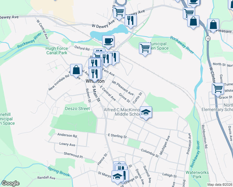 map of restaurants, bars, coffee shops, grocery stores, and more near 14 Grove Street in Wharton