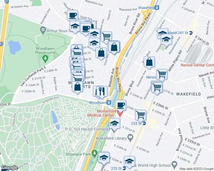 map of restaurants, bars, coffee shops, grocery stores, and more near 549 East 234th Street in Bronx