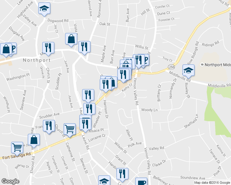 map of restaurants, bars, coffee shops, grocery stores, and more near 19 Kathy Ct in Northport
