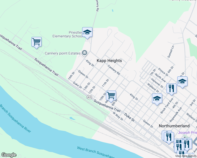map of restaurants, bars, coffee shops, grocery stores, and more near 1284 Queen Street in Northumberland