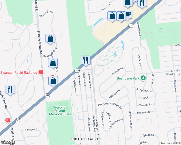 map of restaurants, bars, coffee shops, grocery stores, and more near 93 Bellwood Avenue in Centereach