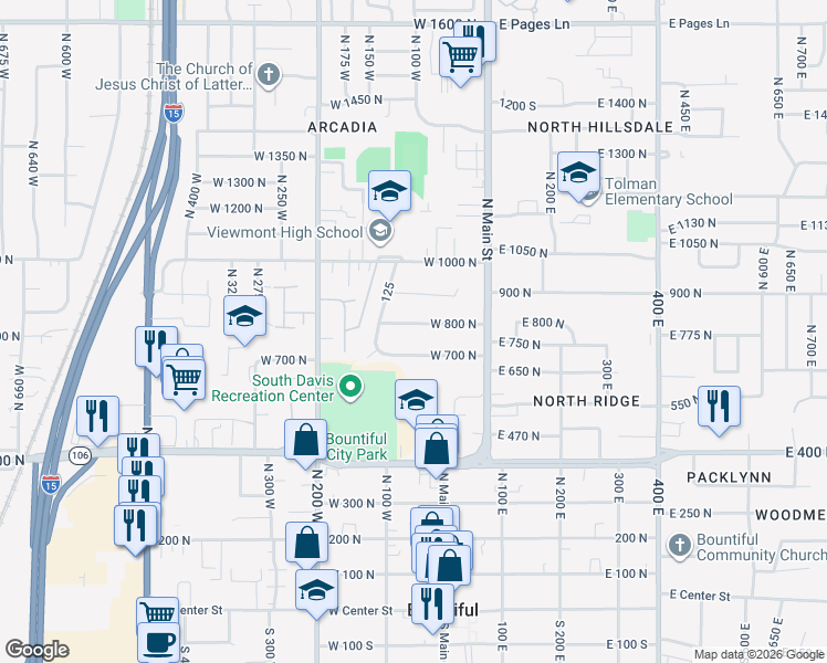 map of restaurants, bars, coffee shops, grocery stores, and more near 79 West 800 North in Bountiful