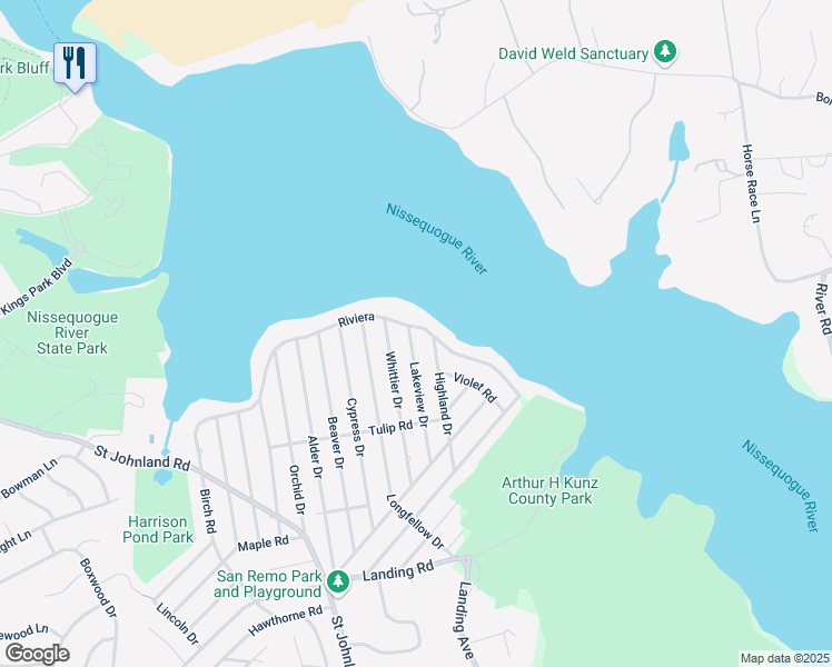 map of restaurants, bars, coffee shops, grocery stores, and more near 89 Lakeview Drive in Kings Park