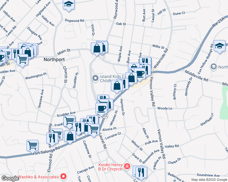 map of restaurants, bars, coffee shops, grocery stores, and more near 50 Gilbert Street in Northport