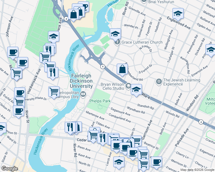 map of restaurants, bars, coffee shops, grocery stores, and more near 683 Ramapo Road in Teaneck