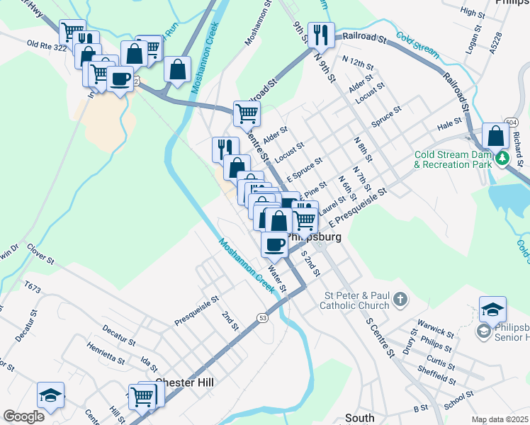 map of restaurants, bars, coffee shops, grocery stores, and more near 212 North Front Street in Philipsburg