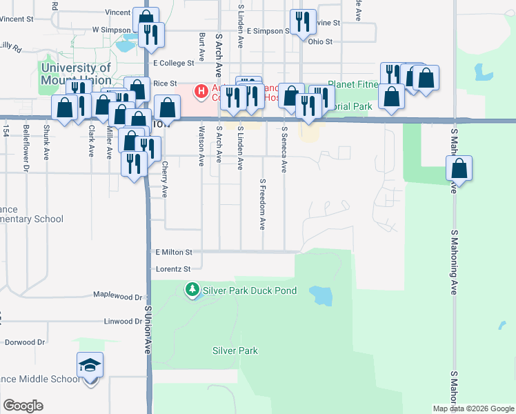 map of restaurants, bars, coffee shops, grocery stores, and more near 2423 South Freedom Avenue in Alliance