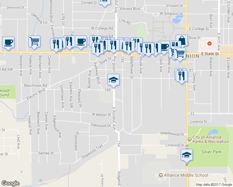 map of restaurants, bars, coffee shops, grocery stores, and more near 2430 South Rockhill Avenue in Alliance