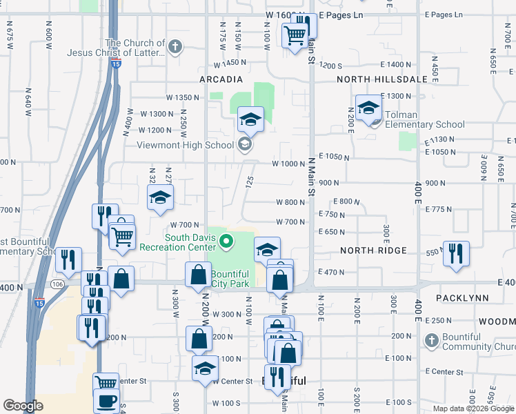 map of restaurants, bars, coffee shops, grocery stores, and more near 93 West 800 North in Bountiful