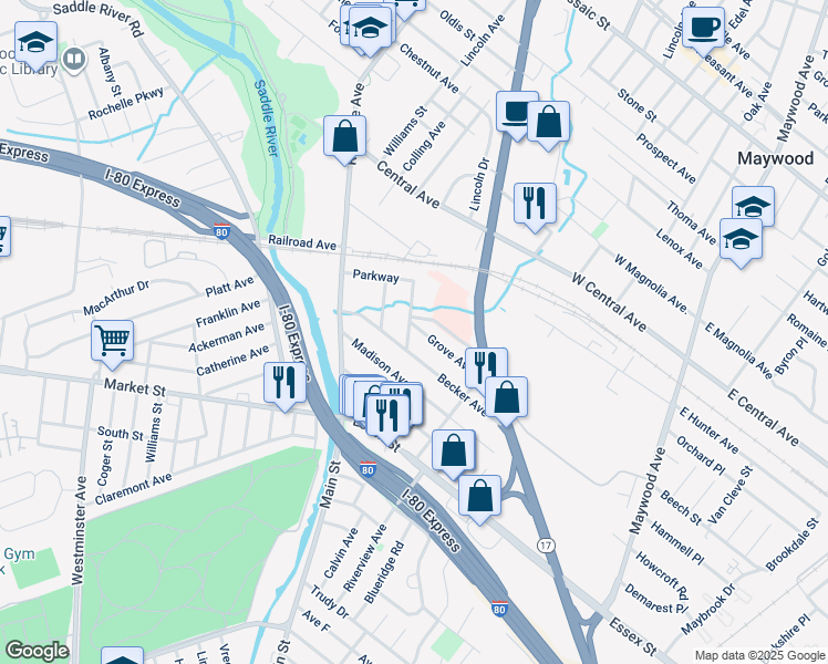 map of restaurants, bars, coffee shops, grocery stores, and more near 7 Grove Avenue in Rochelle Park