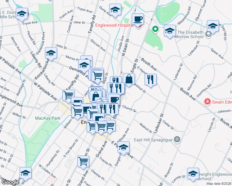 map of restaurants, bars, coffee shops, grocery stores, and more near 136 Engle Street in Englewood