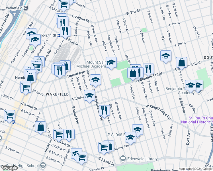 map of restaurants, bars, coffee shops, grocery stores, and more near 4312 Wilder Avenue in Bronx