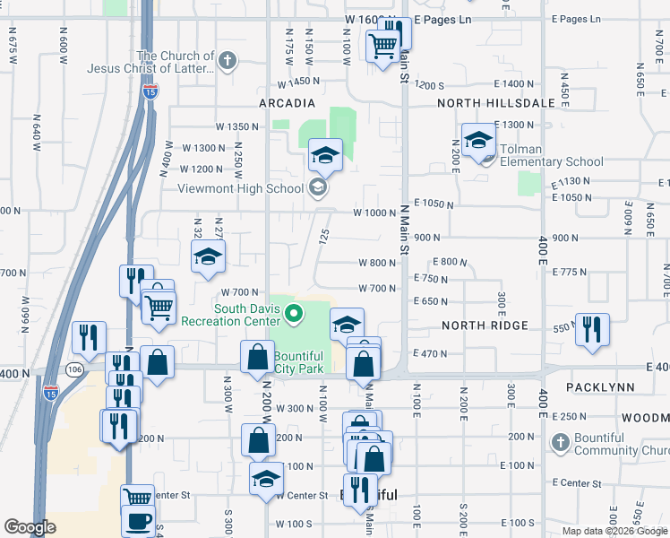 map of restaurants, bars, coffee shops, grocery stores, and more near 93 West 800 North in Bountiful