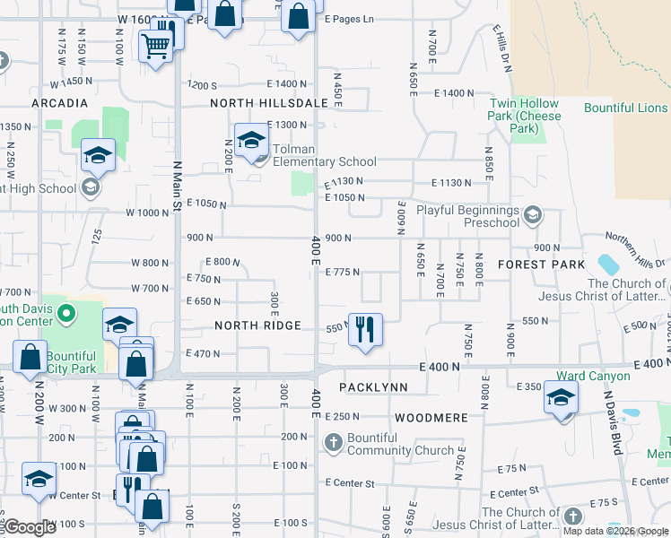 map of restaurants, bars, coffee shops, grocery stores, and more near 445 East 775 North in Bountiful