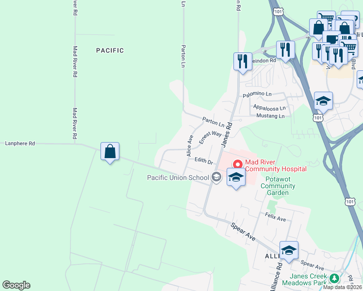 map of restaurants, bars, coffee shops, grocery stores, and more near 2025 Ernest Way in Arcata