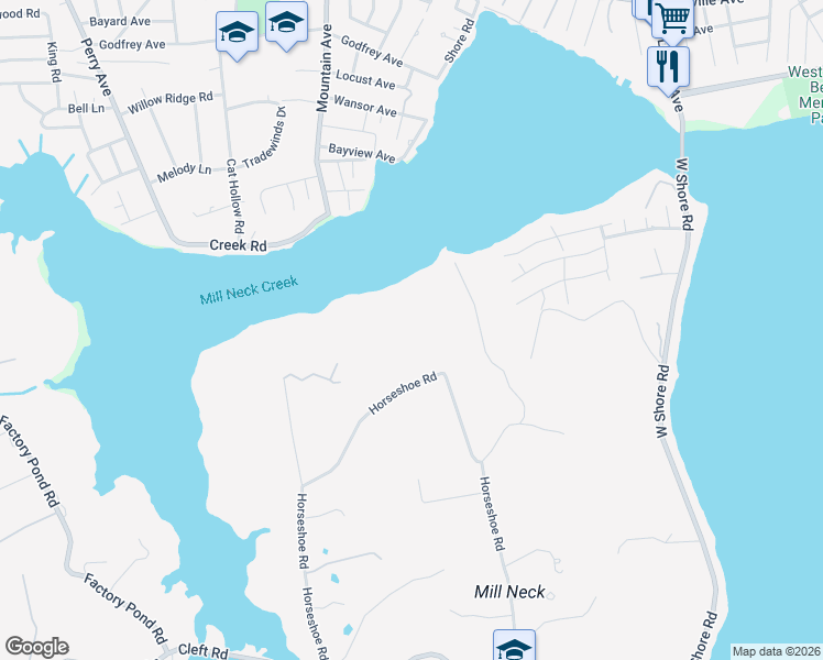 map of restaurants, bars, coffee shops, grocery stores, and more near 133 Horseshoe Road in Mill Neck