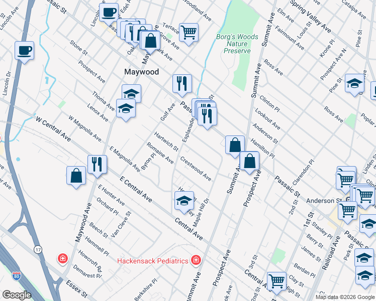 map of restaurants, bars, coffee shops, grocery stores, and more near 292 Esplanade in Hackensack