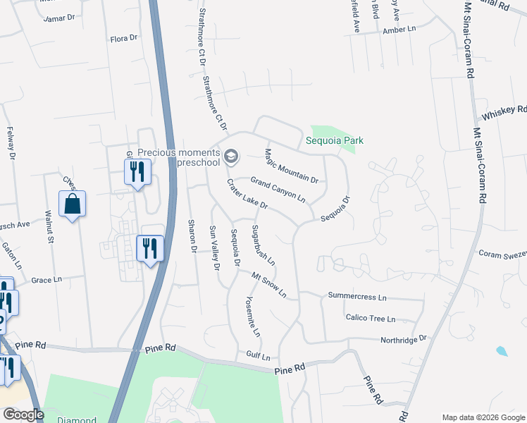 map of restaurants, bars, coffee shops, grocery stores, and more near 27 Sugar Bush Lane in Coram