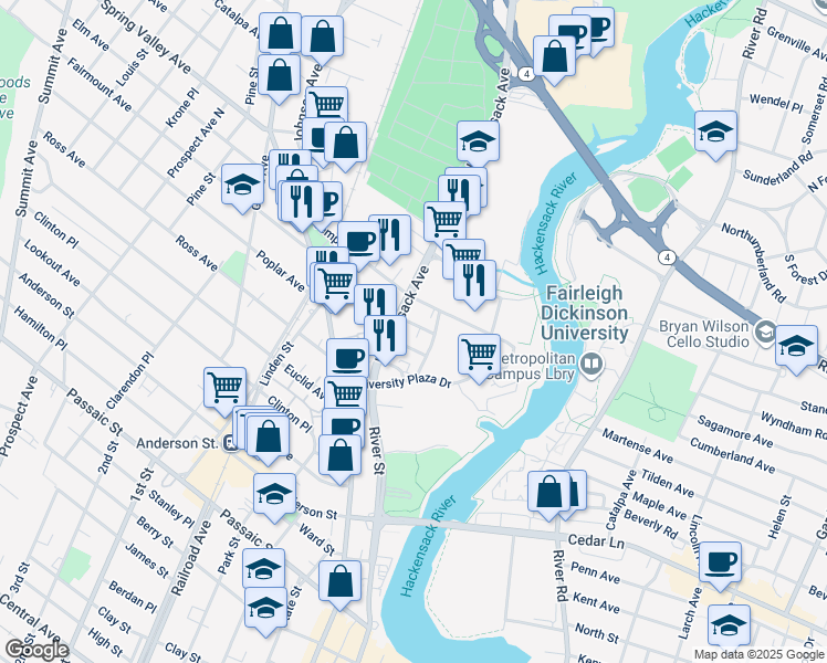 map of restaurants, bars, coffee shops, grocery stores, and more near 15 Dyatt Place in Hackensack
