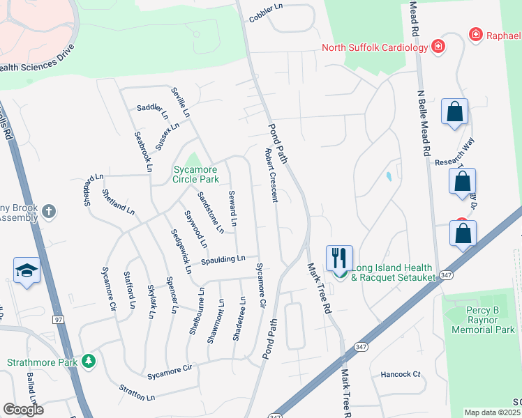 map of restaurants, bars, coffee shops, grocery stores, and more near 103 Sycamore Circle in Stony Brook