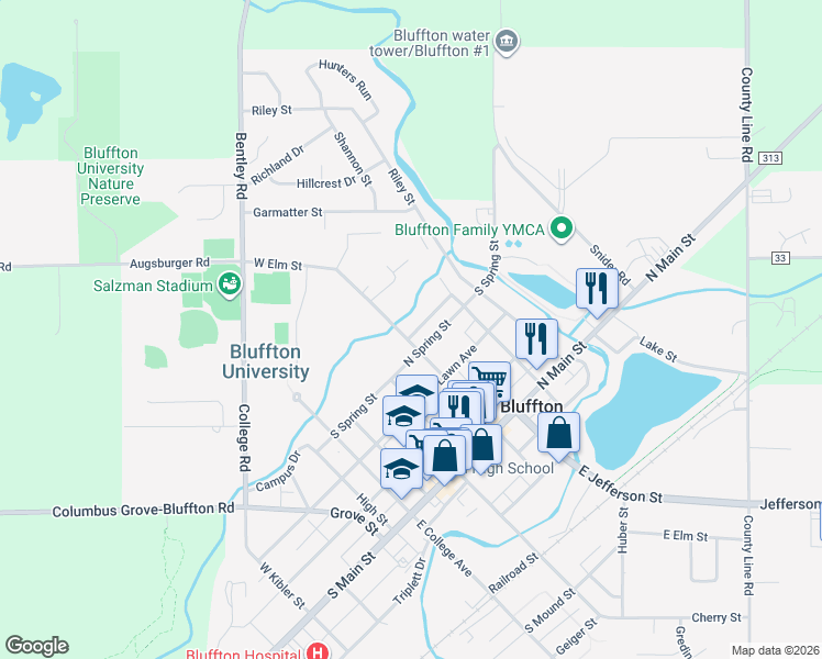 map of restaurants, bars, coffee shops, grocery stores, and more near 320 W Elm St in Bluffton