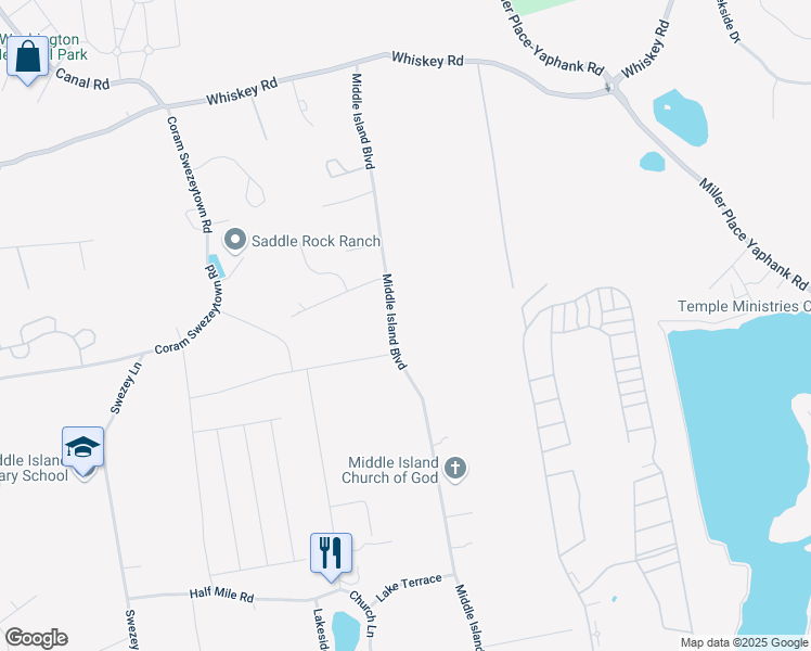 map of restaurants, bars, coffee shops, grocery stores, and more near 75 Middle Island Boulevard in Middle Island