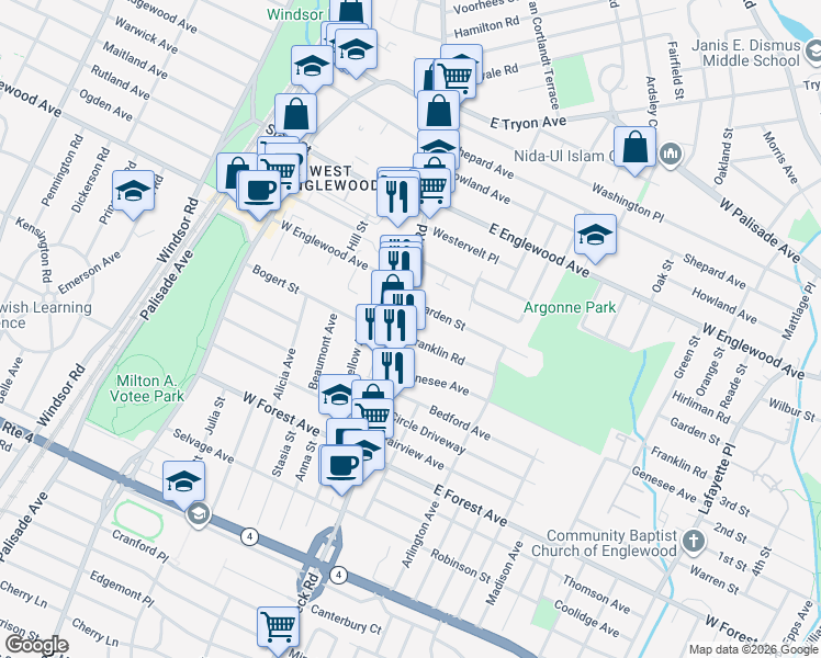 map of restaurants, bars, coffee shops, grocery stores, and more near 17 Franklin Road in Teaneck