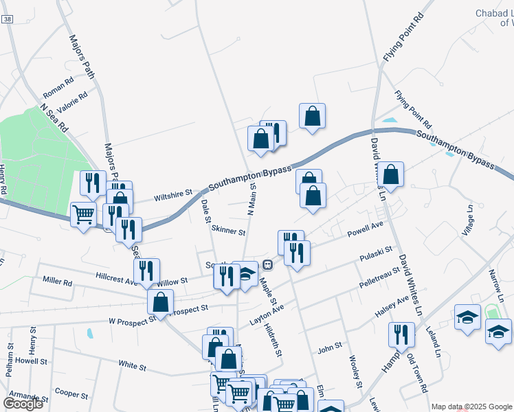 map of restaurants, bars, coffee shops, grocery stores, and more near 320 North Main Street in Southampton