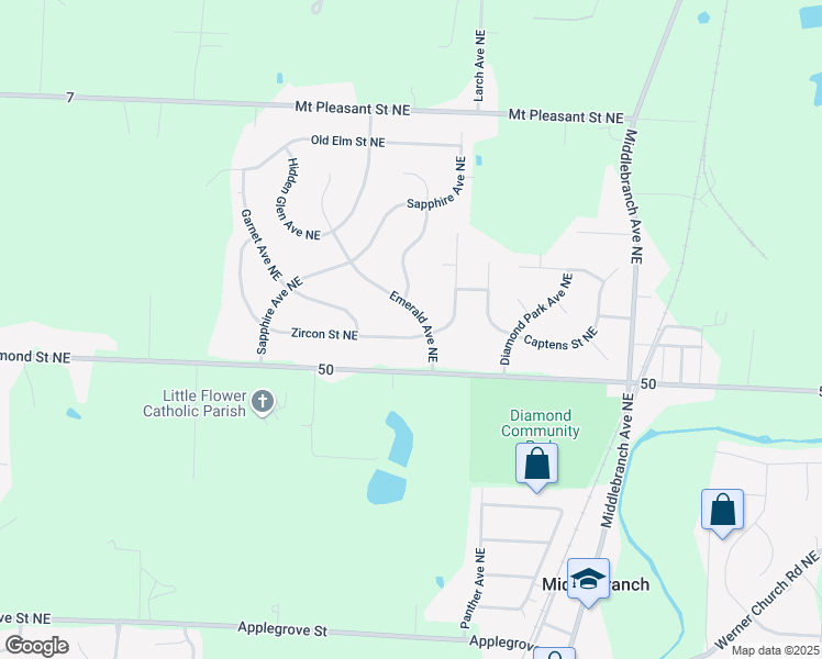 map of restaurants, bars, coffee shops, grocery stores, and more near 2383 Zircon Street Northeast in Canton
