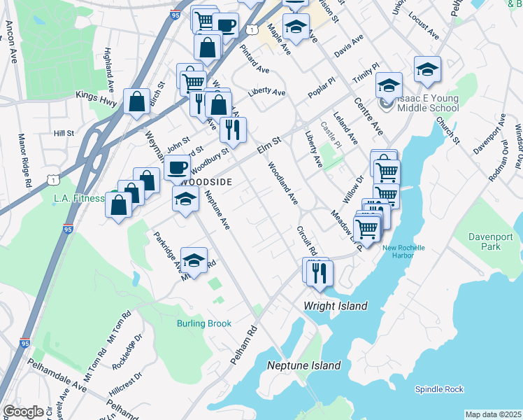map of restaurants, bars, coffee shops, grocery stores, and more near 186 Drake Avenue in New Rochelle