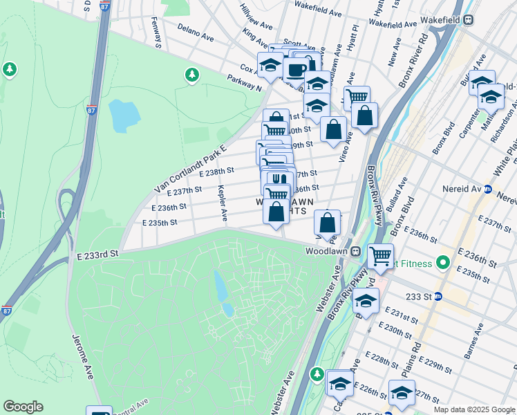 map of restaurants, bars, coffee shops, grocery stores, and more near 243 East 235th Street in Bronx