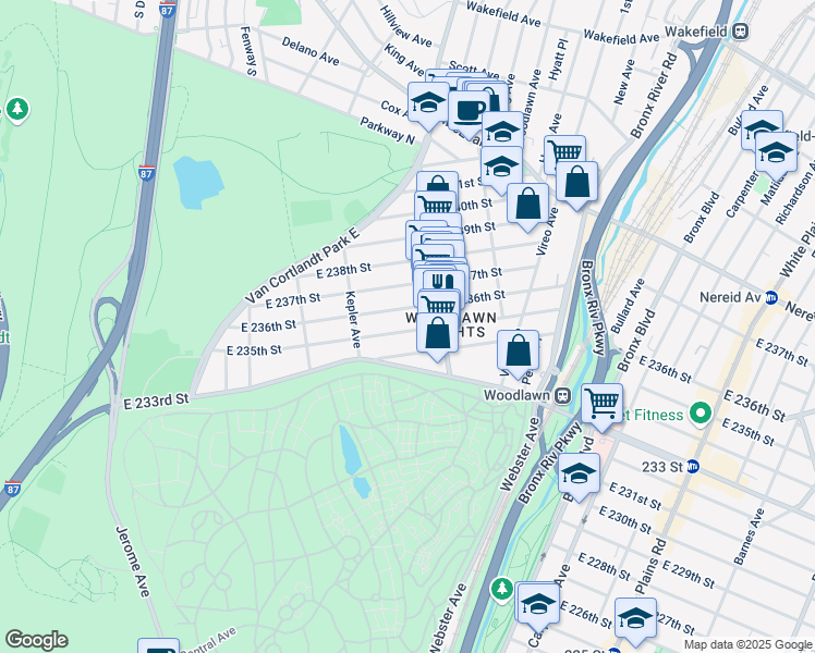 map of restaurants, bars, coffee shops, grocery stores, and more near 243 East 235th Street in Bronx