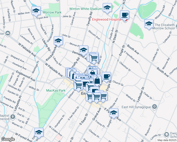 map of restaurants, bars, coffee shops, grocery stores, and more near 67 James Street in Englewood