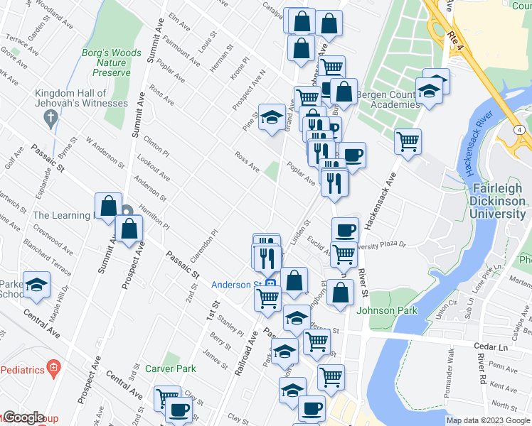 map of restaurants, bars, coffee shops, grocery stores, and more near 25 Grand Avenue in Hackensack