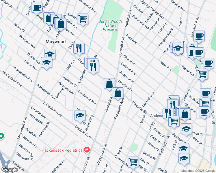 map of restaurants, bars, coffee shops, grocery stores, and more near 409 Summit Avenue in Hackensack