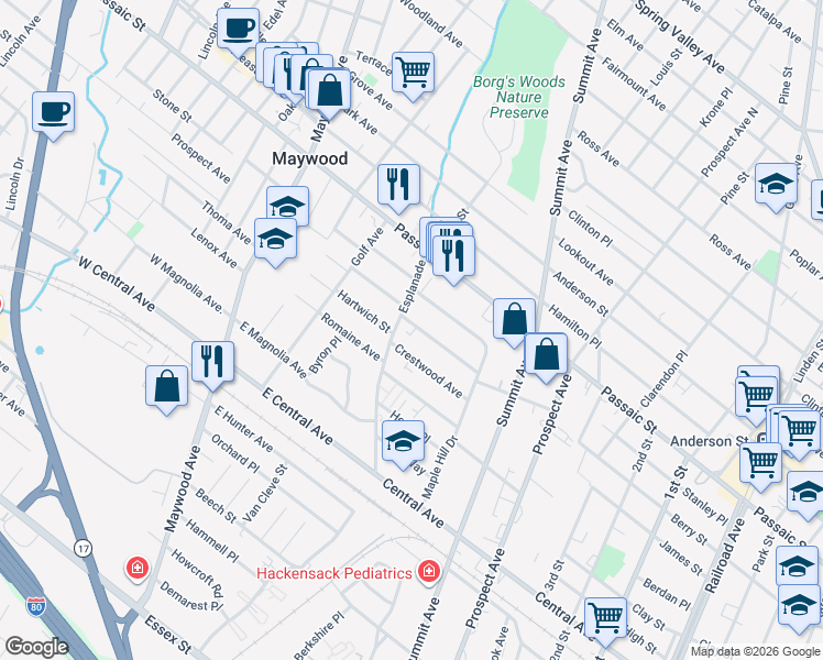 map of restaurants, bars, coffee shops, grocery stores, and more near 292 Esplanade in Hackensack