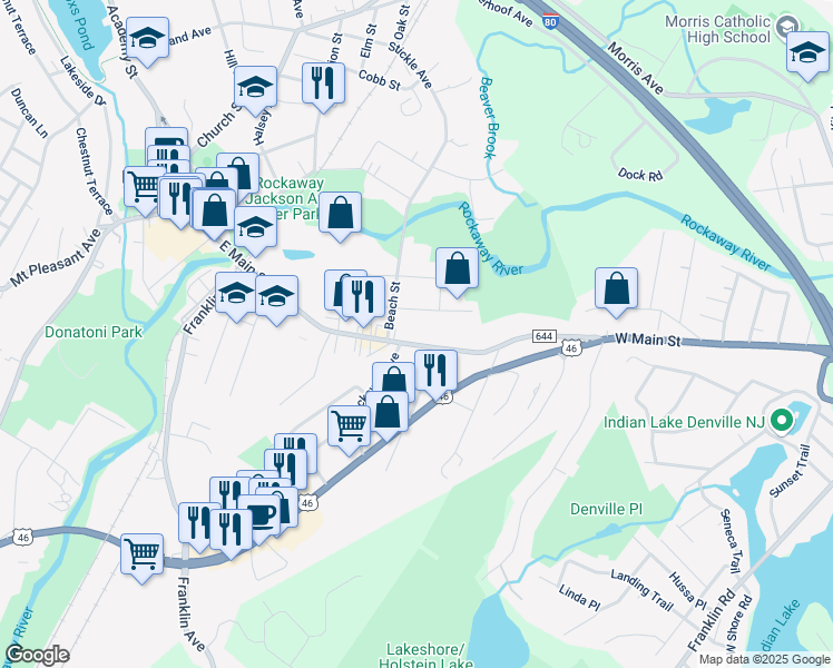 map of restaurants, bars, coffee shops, grocery stores, and more near 230 East Main Street in Rockaway