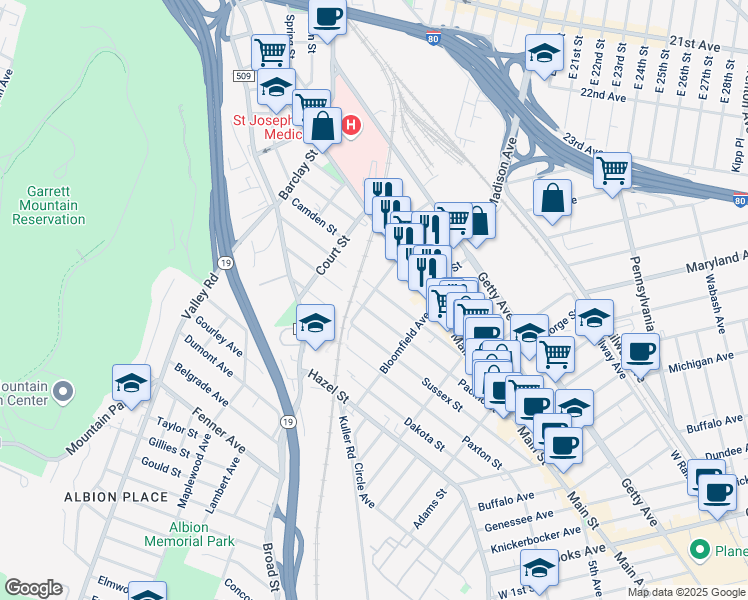 map of restaurants, bars, coffee shops, grocery stores, and more near 88 Newark Avenue in Paterson
