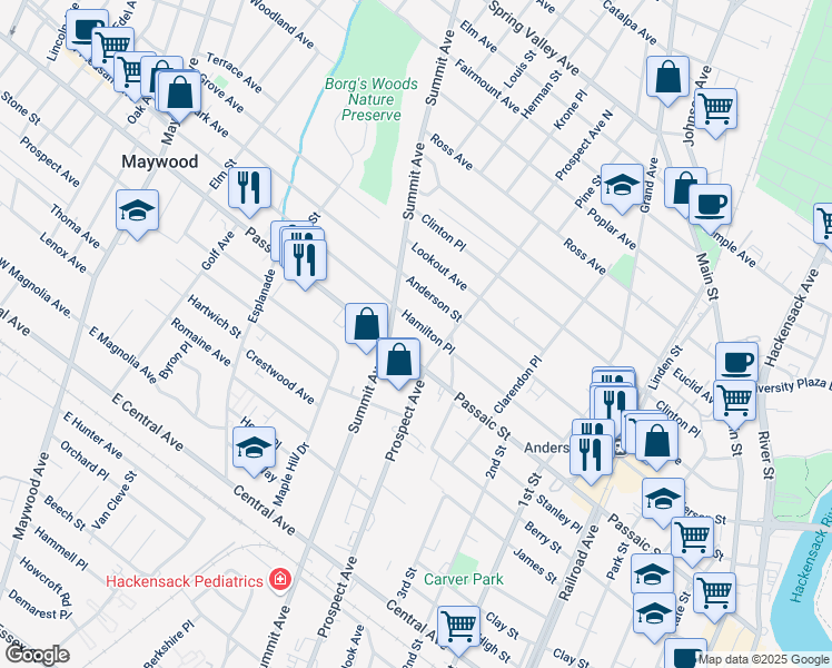 map of restaurants, bars, coffee shops, grocery stores, and more near 351 Hamilton Place in Hackensack