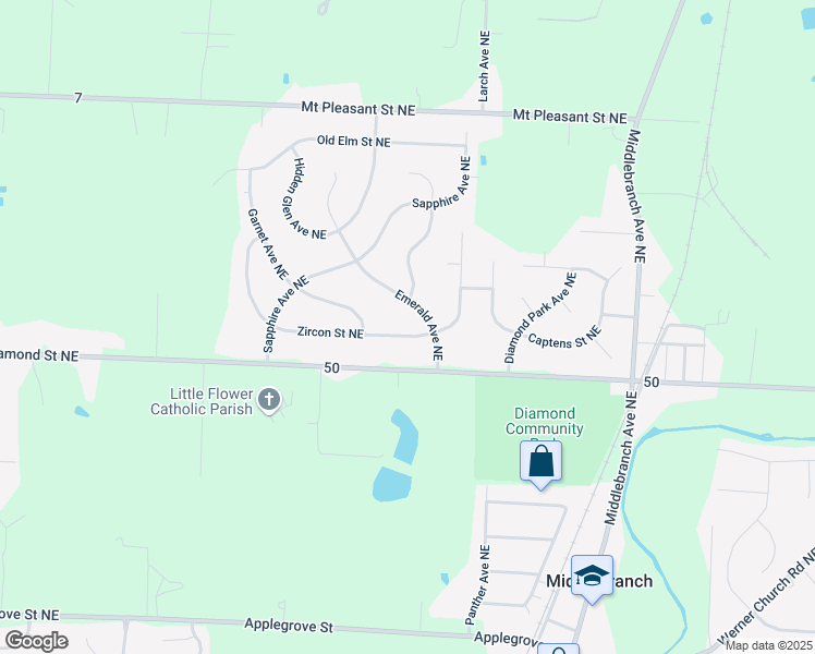 map of restaurants, bars, coffee shops, grocery stores, and more near 2383 Zircon Street Northeast in Canton