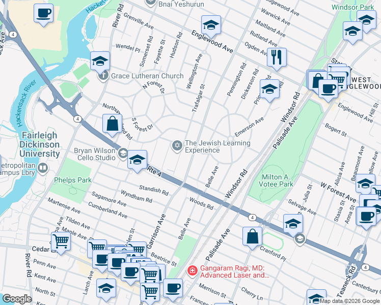 map of restaurants, bars, coffee shops, grocery stores, and more near 1128 Sussex Road in Teaneck