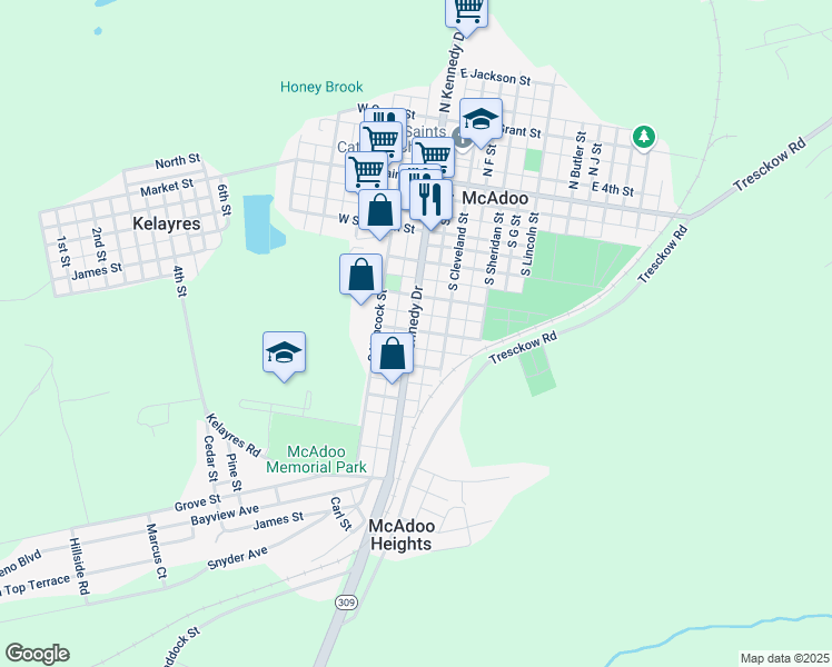map of restaurants, bars, coffee shops, grocery stores, and more near 409 S Kennedy Dr in McAdoo
