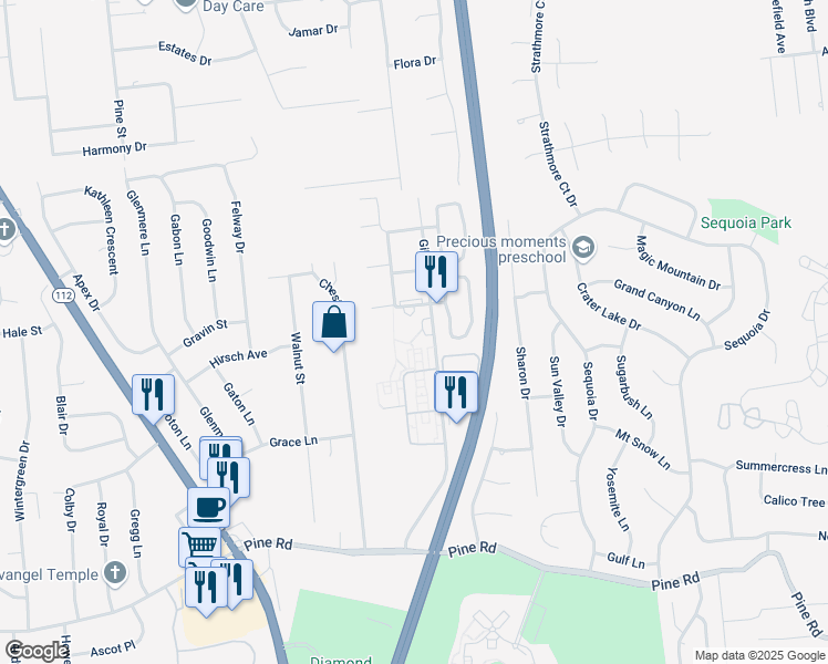 map of restaurants, bars, coffee shops, grocery stores, and more near 50 Gibbs Road in Coram