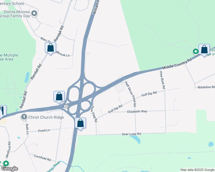 map of restaurants, bars, coffee shops, grocery stores, and more near Middle Country Road in Ridge