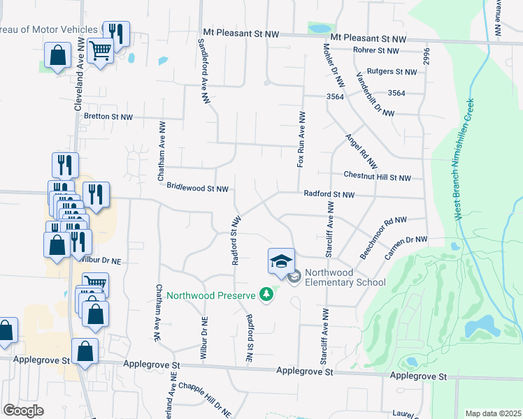 map of restaurants, bars, coffee shops, grocery stores, and more near 2580 Sheffield Street Northwest in North Canton