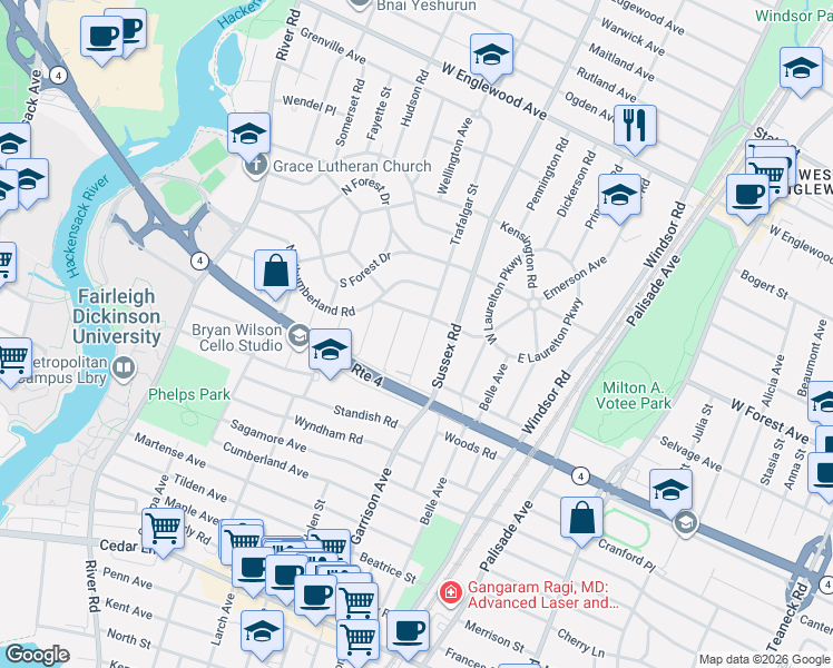 map of restaurants, bars, coffee shops, grocery stores, and more near 1112 Trafalgar Street in Teaneck