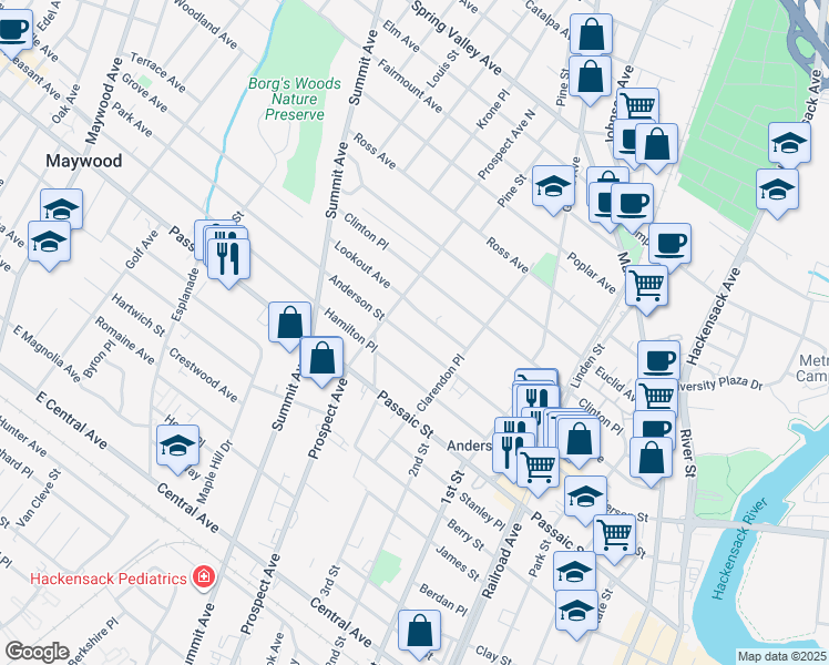 map of restaurants, bars, coffee shops, grocery stores, and more near 300 Anderson Street in Hackensack